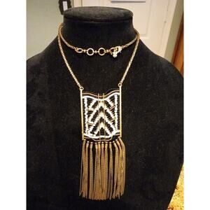 Lucky Brand Necklace Long Beaded Fringe Chest Plate Gold Black White Boho